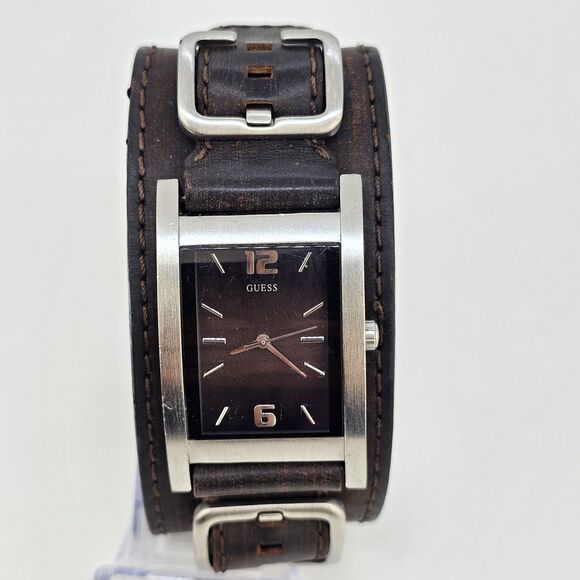 Guess Watch Men's 32MM Tank Case Wide 42MM Brown Leather Cuff Band New Battery - Picture 1 of 15